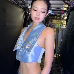 Dolls Kill Tops Nwt Blue Satin Backless Crop Top W Floral